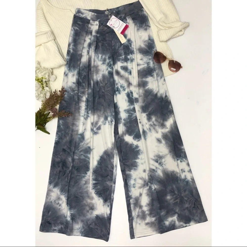 Wide Leg Pants Womens Size S Casual Pants Stretch tie dye Gray White NWT beach - Picture 7 of 12